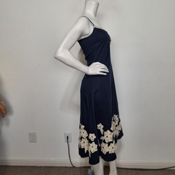 Odille Anthropologie Navy Blue Cream Rice Paper Garden Floral Midi Dress Size 2 - Picture 5 of 13